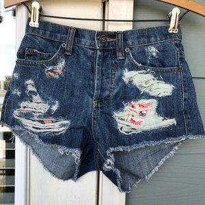 LF Carmar Denim Jean Shorts Distressed Floral Patches Button Fly Size 24